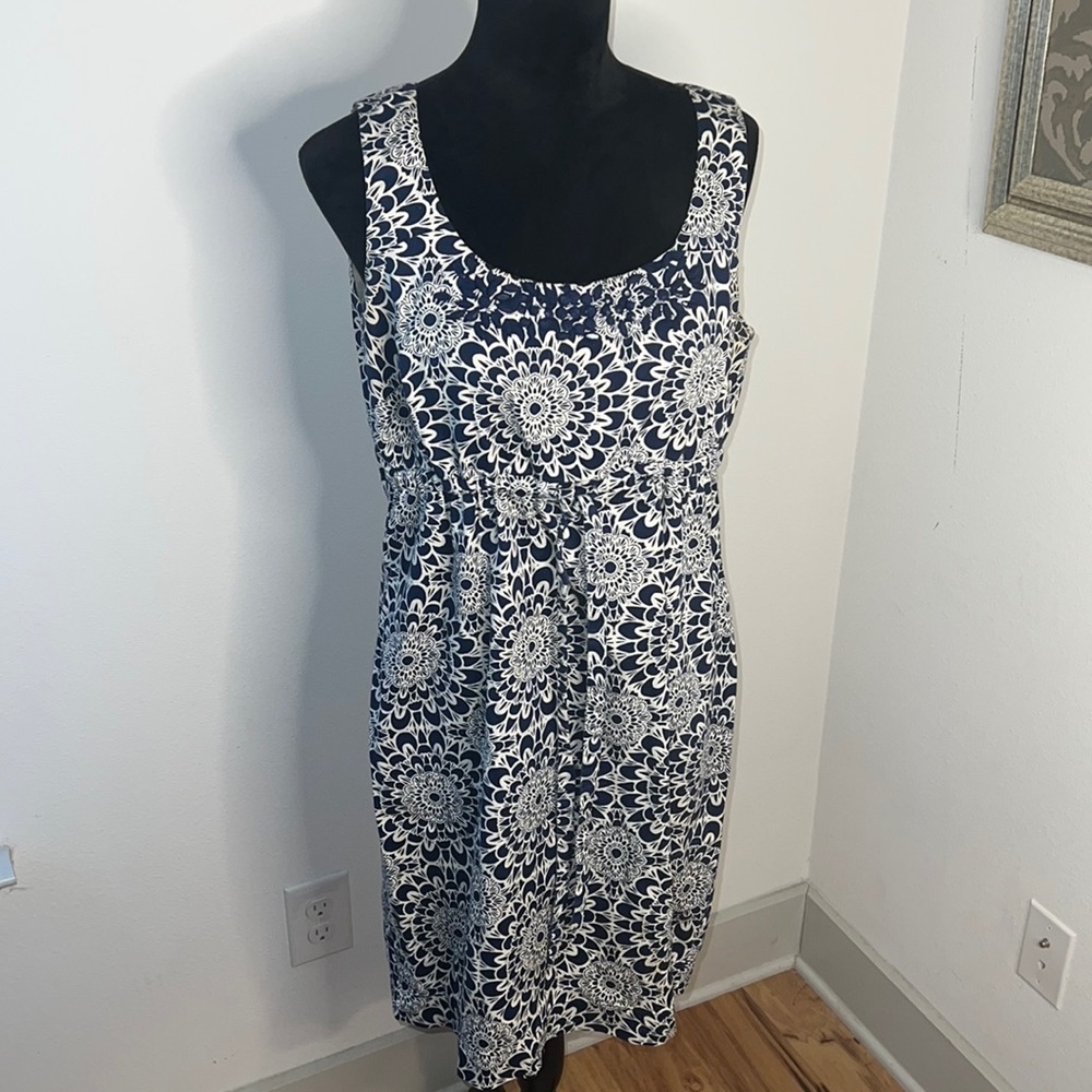 LOFT dark blue ivory print beaded collar sleeveless 100% shift dress‎ Sz 12